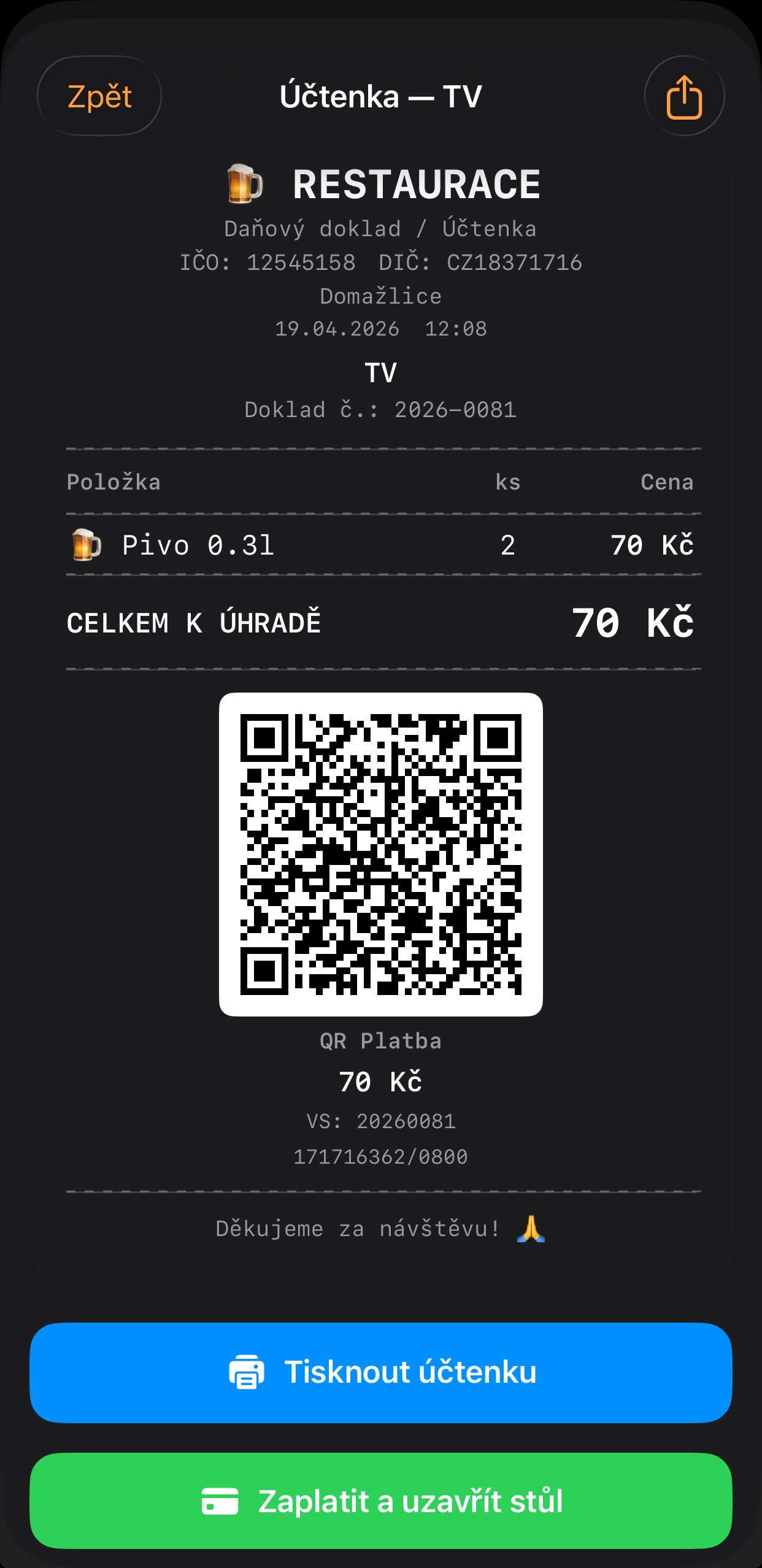 Ukázka účtenky v aplikaci Číšník POS